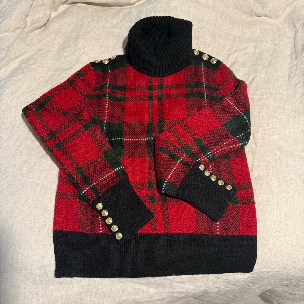 Red and Black Turtleneck Sweater with Cowl Neck